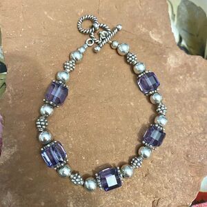 Bracelet beads sterling silver square amethyst crystals modern 8 and 71/2 clasp